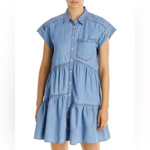 NWT Veronica Beard Harrow Dress Mini Tiered In Pale Stone Chambray Blue Size 12